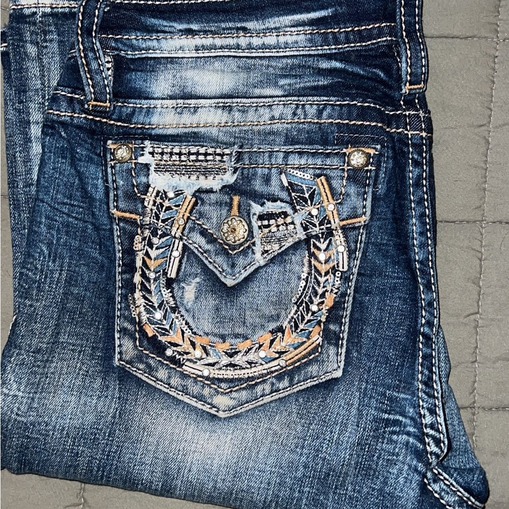 Miss Me Blue Boot Cut Jeans with HorseShoe Embellishments